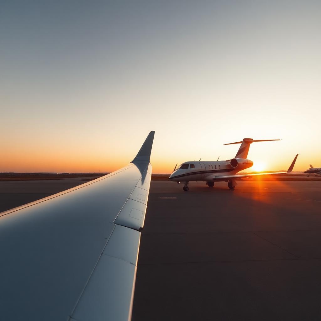 Private jet on the tarmac at sunset