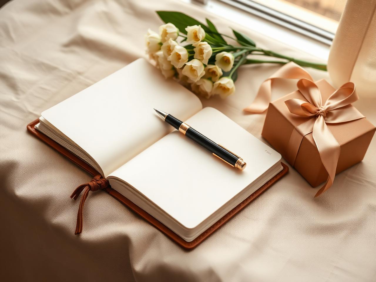 Open journal with pen, flowers, and a wrapped gift